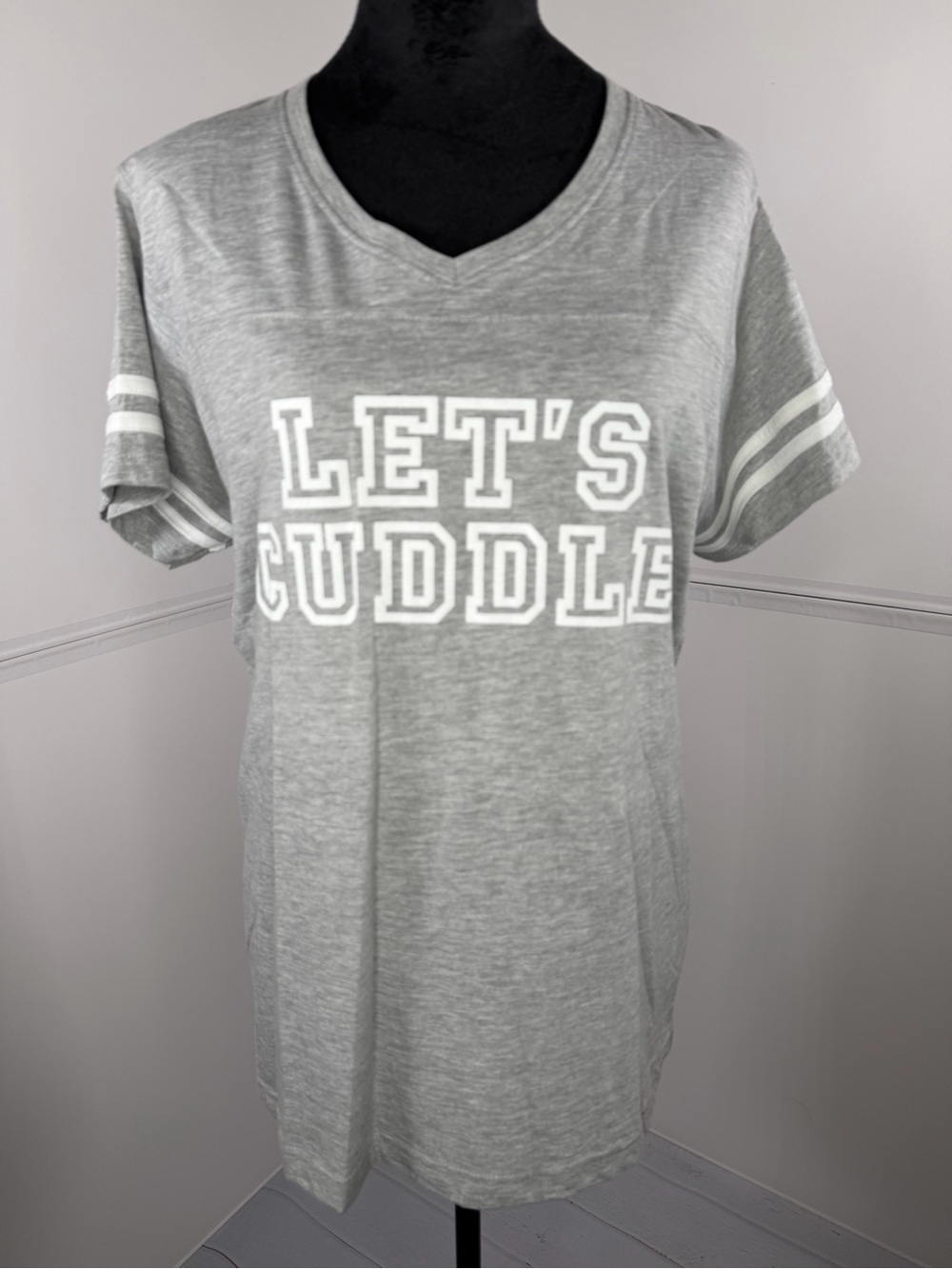 LAT Apparel Let's Cuddle Graphic V-Neck Tee Gray Varsity Stripe Size Large